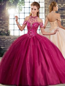 Fuchsia Sleeveless Beading Lace Up Sweet 16 Dresses