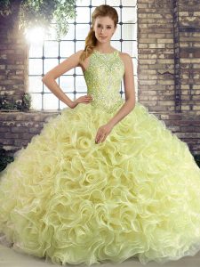 Modest Sleeveless Fabric With Rolling Flowers Floor Length Lace Up Quinceanera Dress in Yellow Green with Beading