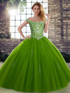 Pretty Ball Gowns Sweet 16 Dresses Olive Green Off The Shoulder Tulle Sleeveless Floor Length Lace Up