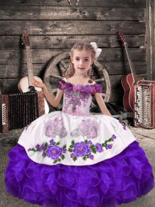 Custom Designed Purple Off The Shoulder Neckline Beading and Embroidery and Ruffles Pageant Dress Wholesale Sleeveless Lace Up