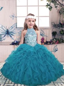 Adorable Sleeveless Floor Length Beading and Ruffles Lace Up Pageant Dress for Womens with Teal