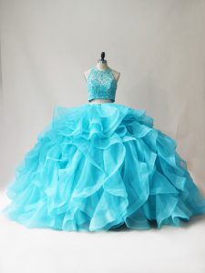 Flirting Beading and Ruffles Vestidos de Quinceanera Aqua Blue Lace Up Sleeveless Floor Length