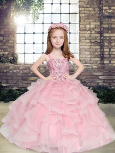 Hot Sale Pink Ball Gowns Beading and Ruffles Pageant Dress for Girls Lace Up Tulle Sleeveless Floor Length