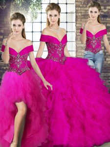 Fuchsia Tulle Lace Up Off The Shoulder Sleeveless Floor Length Quinceanera Gown Beading and Ruffles