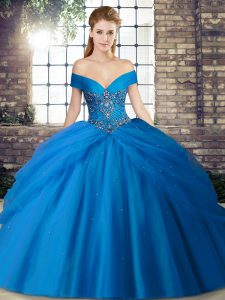 Fitting Off The Shoulder Sleeveless Quinceanera Dress Brush Train Beading and Pick Ups Blue Tulle
