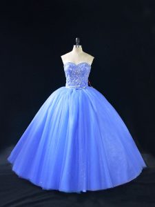 Fitting Floor Length Lace Up Ball Gown Prom Dress Blue for Sweet 16 and Quinceanera with Beading