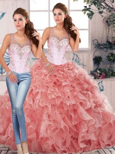 Watermelon Red Clasp Handle Quinceanera Gowns Beading and Ruffles Sleeveless Floor Length