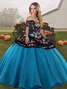 Chic Blue And Black Sleeveless Embroidery Floor Length Quinceanera Gown