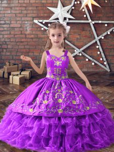 Satin and Organza Straps Sleeveless Lace Up Embroidery and Ruffled Layers Evening Gowns in Lavender