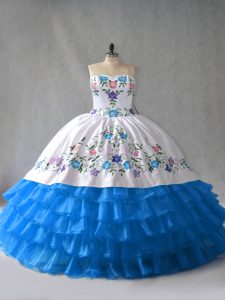 Ball Gowns Quinceanera Dresses Blue And White Sweetheart Organza Sleeveless Floor Length Lace Up