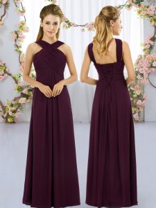 Custom Fit Burgundy Chiffon Lace Up Straps Sleeveless Floor Length Damas Dress Ruching