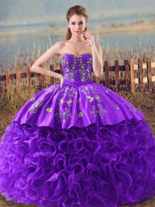 Decent Purple Sleeveless Fabric With Rolling Flowers Brush Train Lace Up Ball Gown Prom Dress for Sweet 16 and Quinceanera