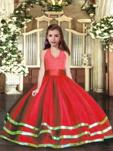 On Sale Floor Length Red Pageant Dress Wholesale Tulle Sleeveless Ruffled Layers