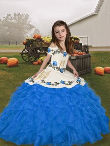 Wonderful Floor Length Blue Child Pageant Dress Organza Sleeveless Embroidery and Ruffles