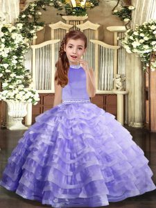 Elegant Halter Top Sleeveless Organza Pageant Dress for Teens Beading and Ruffled Layers Backless