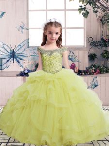 Adorable Beading Pageant Gowns For Girls Yellow Lace Up Sleeveless Floor Length