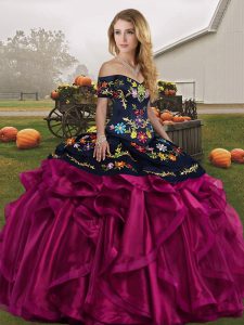 Sleeveless Floor Length Embroidery and Ruffles Lace Up Ball Gown Prom Dress with Fuchsia