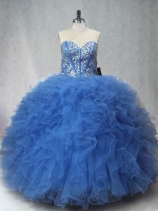 Best Selling Blue Ball Gowns Sweetheart Sleeveless Tulle Floor Length Lace Up Beading and Ruffles Quinceanera Dress