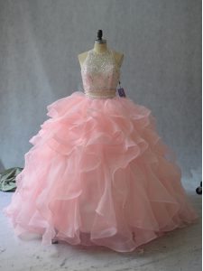 Peach Two Pieces Beading and Ruffles Quinceanera Dresses Backless Organza Sleeveless