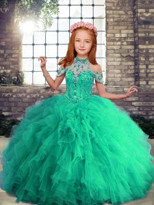 Fashion Turquoise Halter Top Lace Up Beading and Ruffles Custom Made Pageant Dress Sleeveless