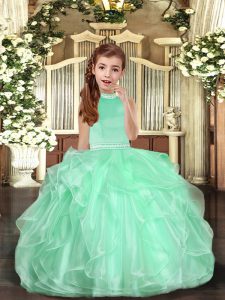 Apple Green Ball Gowns High-neck Sleeveless Organza Backless Beading Kids Pageant Dress