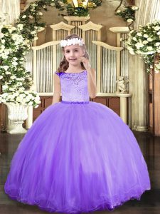 Perfect Scoop Sleeveless Kids Formal Wear Floor Length Lace Lavender Tulle