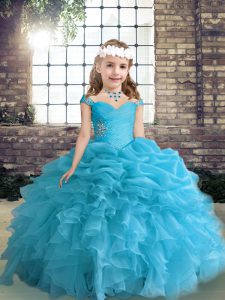 Exquisite Sleeveless Organza Floor Length Lace Up Pageant Dress Wholesale in Blue with Beading and Ruffles and Pick Ups