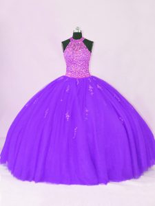 Floor Length Lace Up Sweet 16 Dresses Purple for Sweet 16 and Quinceanera with Beading and Appliques