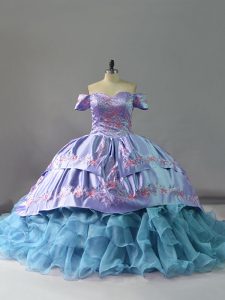Decent Blue Organza Lace Up Off The Shoulder Sleeveless 15th Birthday Dress Chapel Train Ruffles