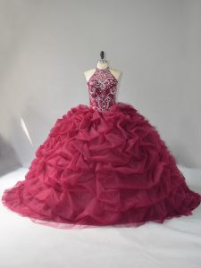 Lace Up Quinceanera Gowns Burgundy for Sweet 16 and Quinceanera with Beading and Pick Ups Court Train