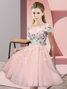Vintage Knee Length Empire Short Sleeves Pink Dama Dress Lace Up