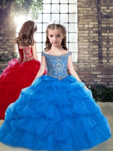 Sleeveless Organza Floor Length Lace Up Little Girls Pageant Gowns in Blue with Beading