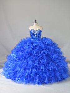 Fantastic Sweetheart Sleeveless Sweet 16 Quinceanera Dress Floor Length Ruffles and Sequins Royal Blue Organza