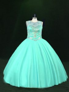 Luxurious Scoop Sleeveless Lace Up Quinceanera Dress Turquoise Tulle