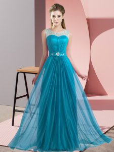 Teal Scoop Neckline Beading Vestidos de Damas Sleeveless Lace Up