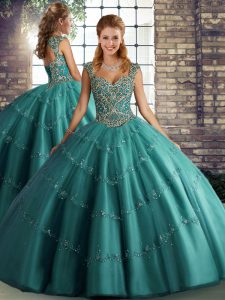Floor Length Teal Sweet 16 Quinceanera Dress Tulle Sleeveless Beading and Appliques