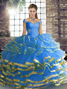 Inexpensive Blue Ball Gowns Off The Shoulder Sleeveless Tulle Floor Length Lace Up Beading and Ruffled Layers Vestidos de Quinceanera