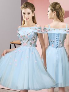 Exquisite Appliques Quinceanera Dama Dress Light Blue Lace Up Short Sleeves Knee Length