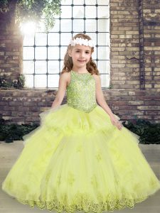 Yellow Green Ball Gowns Lace and Appliques Child Pageant Dress Lace Up Tulle Sleeveless Floor Length