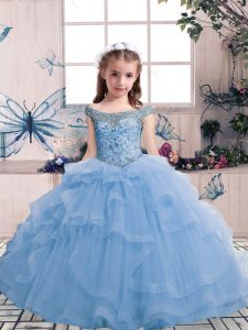 Affordable Floor Length Ball Gowns Sleeveless Light Blue Pageant Dress for Teens Lace Up