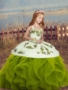 Olive Green Girls Pageant Dresses Party and Sweet 16 and Wedding Party with Embroidery and Ruffles Straps Long Sleeves Lace Up