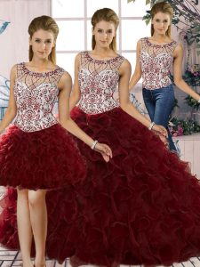 Cute Floor Length Burgundy 15th Birthday Dress Organza Sleeveless Beading and Ruffles