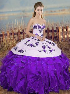 Stunning White And Purple Sleeveless Embroidery and Ruffles and Bowknot Floor Length Quince Ball Gowns