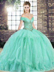 Deluxe Floor Length Apple Green Sweet 16 Dress Off The Shoulder Sleeveless Lace Up
