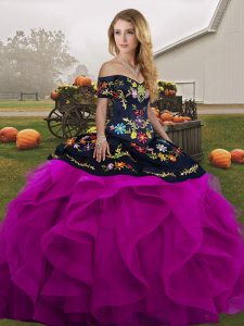 Gorgeous Black And Purple 15th Birthday Dress Military Ball and Sweet 16 and Quinceanera with Embroidery and Ruffles Off The Shoulder Sleeveless Lace Up
