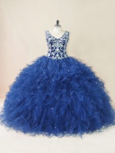 Floor Length Backless Quinceanera Gown Navy Blue for Sweet 16 and Quinceanera with Embroidery and Ruffles