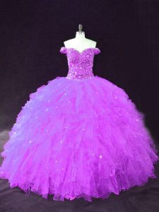 Custom Made Purple Sleeveless Beading and Ruffles Floor Length Quinceanera Gown