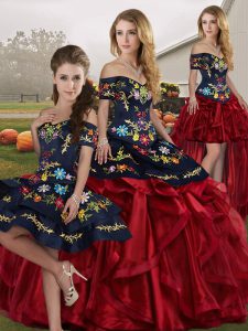 Customized Off The Shoulder Sleeveless Quince Ball Gowns Floor Length Embroidery and Ruffles Red And Black Organza