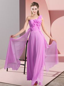 Charming One Shoulder Sleeveless Quinceanera Court Dresses Floor Length Hand Made Flower Lilac Chiffon