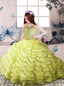 Charming Yellow Green Sleeveless Beading and Ruffled Layers Zipper Little Girl Pageant Gowns